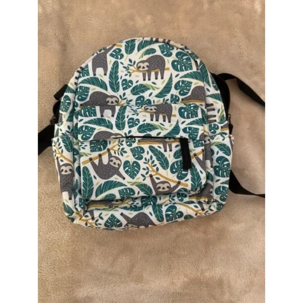 Sloth Tropical Leaf Print Mini Canvas Backpack Green White Adjustable Straps‎